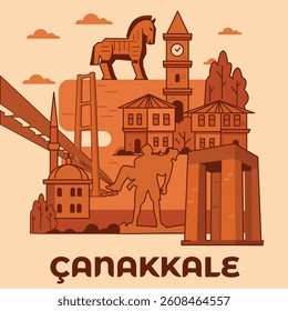 Eskişehir Landmarks Flat Illustration in Terracotta Color Palette