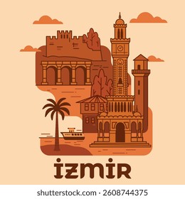 İzmir Landmarks Flat Illustration in Terracotta Color Palette