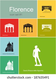 Landmarks of Florence. Set of flat color icons in Metro style. Editable vector illustration.