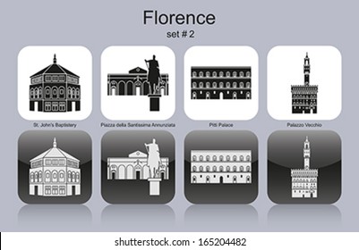 Lugares emblemáticos de Florencia. Conjunto de iconos monocromos. Ilustración vectorial editable.