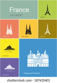 Landmarks of France. Set of flat color icons in Metro style. Editable vector illustration.