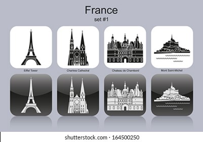 Landmarks of France. Set of monochrome icons. Editable vector illustration.