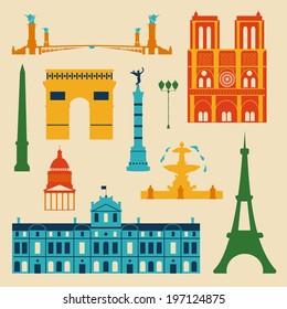 Landmarks of France, vector colorful cartoon flat icon set