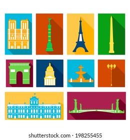 Landmarks of France, vector colorful cartoon flat icon set with long shadow