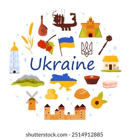 Landmarks and free symbols of culture and independent Ukraine round banner design. Fortress and church of Kyiv, wheat and sunflower, bandura and village house in circle cartoon vector illustration