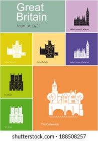 Landmarks of Great Britain. Set of flat color icons in Metro style. Editable vector illustration.