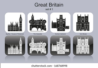 Landmarks of Great Britain. Set of monochrome icons. Editable vector illustration.