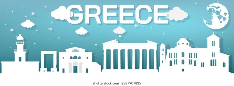 Lugares de Grecia Diseño como un corte de papel blanco colocado en un fondo azul en la noche, ilustración vectorial.