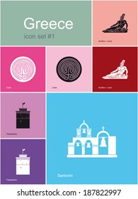 Landmarks of Greece. Set of flat color icons in Metro style. Editable vector illustration.
