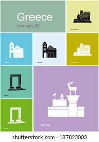 Landmarks of Greece. Set of flat color icons in Metro style. Editable vector illustration.