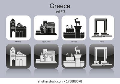 Landmarks of Greece. Set of monochrome icons. Editable vector illustration.