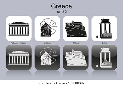 Lugares emblemáticos de Grecia. Conjunto de iconos monocromos. Ilustración vectorial editable.