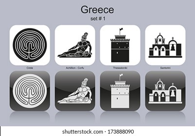 Landmarks of Greece. Set of monochrome icons. Editable vector illustration.