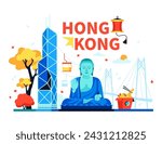 Landmarks of Hong Kong - modern colored vector illustration with Bank of China Tower, buddha statue in lotus position, Zhuhai-Macao Bridge and Ngong Ping 360 cable car. Wok noodles, red paper lantern