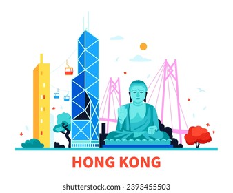 Landmarks of Hong Kong - modern colored vector illustration with Bank of China Tower, buddha statue in lotus position, Zhuhai-Macao Bridge and Ngong Ping 360 cable car. Nature and trees, harmony idea