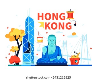 Lugares de interés de Hong Kong - ilustración vectorial de colores modernos con la torre del Banco de China, estatua de Buda en posición de loto, Puente Zhuhai-Macao y Ngong Ping 360 teleférico. Fideos wok, linterna de papel rojo