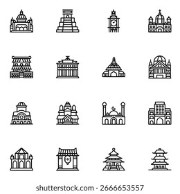 Conjunto de iconos de Lugares famosos Monumentos del mundo Esbozo Colección