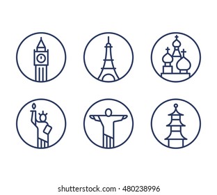 Iconos emblemáticos, símbolos de ciudades capitales del mundo. Torre Eiffel de París, Gran Ben de Londres, Estatua de la libertad de Nueva York y más. Estilo vectorial de contorno mínimo.