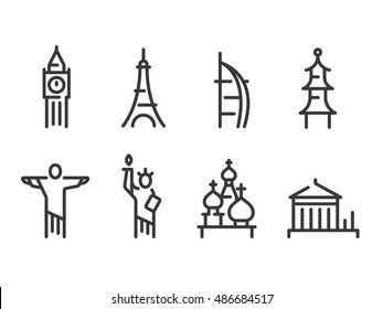 Iconos emblemáticos, símbolos de mayúsculas mundiales. París y Londres, Moscú y Nueva York, Dubai y más. Iconos vectoriales de línea.