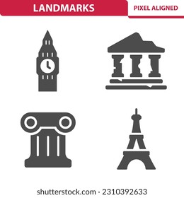 Landmarks Icons. Tourism, Big Ben, Temple, Ruins, Eiffel Tower vector icon set.