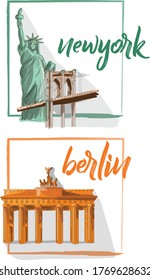 Landmarks illustration | New York Statue of Liberty, Brooklyn Bridge & Berlin Brandenburg Gate