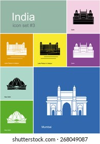 Landmarks of India. Set of color icons in Metro style. Editable vector illustration.