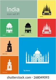 Landmarks of India. Set of color icons in Metro style. Editable vector illustration.