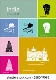 Landmarks of India. Set of color icons in Metro style. Editable vector illustration.