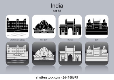 Landmarks of India. Set of monochrome icons. Editable vector illustration.