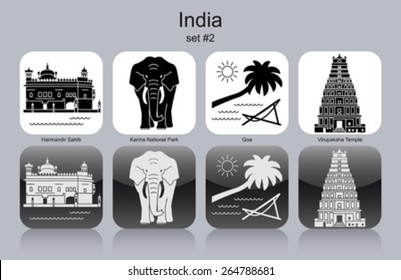 Landmarks of India. Set of monochrome icons. Editable vector illustration.