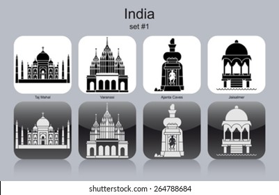 Landmarks of India. Set of monochrome icons. Editable vector illustration.