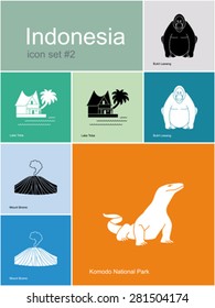 Landmarks of Indonesia. Set of color icons in Metro style. Editable vector illustration.