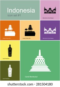 Landmarks of Indonesia. Set of color icons in Metro style. Editable vector illustration.