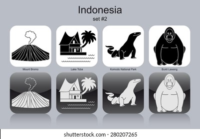 Landmarks of Indonesia. Set of monochrome icons. Editable vector illustration.