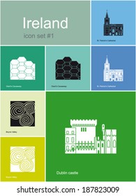 Landmarks of Ireland. Set of flat color icons in Metro style. Editable vector illustration.