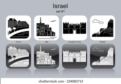 Lugares emblemáticos de Israel. Conjunto de iconos monocromos. Ilustración vectorial editable.