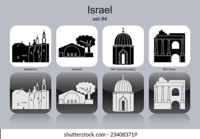 Lugares emblemáticos de Israel. Conjunto de iconos monocromos. Ilustración vectorial editable.