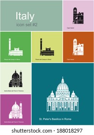 Landmarks of Italy. Set of flat color icons in Metro style. Editable vector illustration.