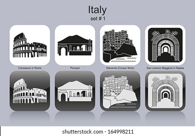 Landmarks of Italy. Set of monochrome icons. Editable vector illustration.