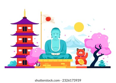 Landmarks of Japan - modern colored vector illustration with buddha statue, ancient shinto shrine, maneki-neko, mount fujiyama, sunrise, spring and cherry blossoms. Sights and travel in Asia idea