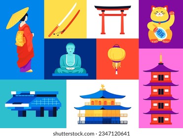 Landmarks of Japan - set of flat design style colorful illustrations. Images of geisha in kimono, samurai katana, buddha statue, torii gate, maneki-neko, paper lantern, shinto shrine, architecture