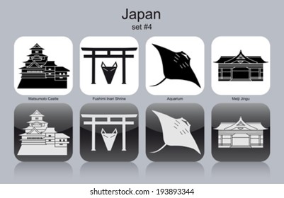 Landmarks of Japan. Set of monochrome icons. Editable vector illustration.