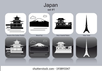 Landmarks of Japan. Set of monochrome icons. Editable vector illustration.