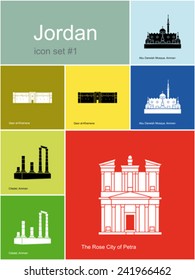 Landmarks of Jordan. Set of color icons in Metro style. Editable vector illustration.