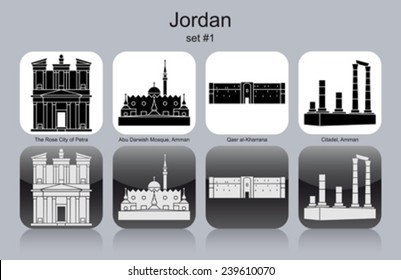 Landmarks of Jordan. Set of monochrome icons. Editable vector illustration.