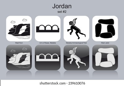 Landmarks of Jordan. Set of monochrome icons. Editable vector illustration.