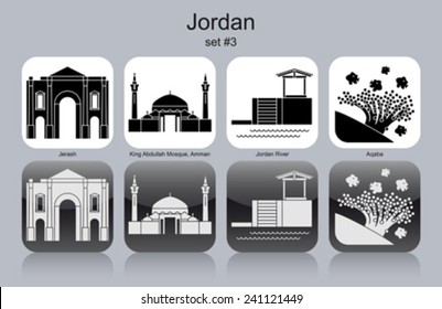 Landmarks of Jordan. Set of monochrome icons. Editable vector illustration.