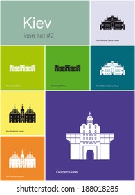 Landmarks of Kiev. Set of flat color icons in Metro style. Editable vector illustration.