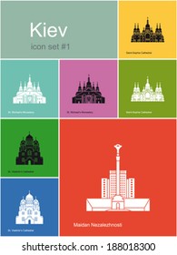 Landmarks of Kiev. Set of flat color icons in Metro style. Editable vector illustration.