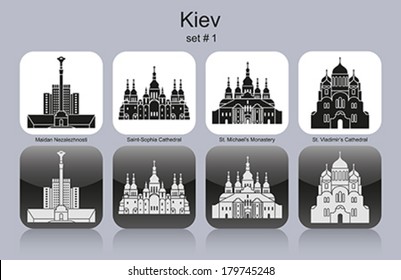 Landmarks of Kiev. Set of monochrome icons. Editable vector illustration.